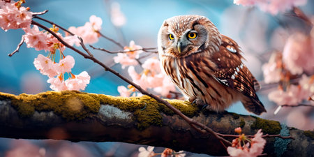An owl sits on a branch in early spring. Beautiful bird of new lifeの素材