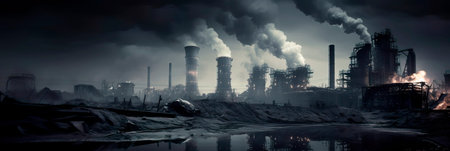 industrial scene with towering smokestacks emitting plumes of smoke.の素材