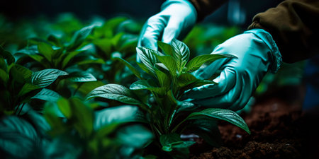 Collecting greenery in a greenhouse close-up, workers' hands at workの素材