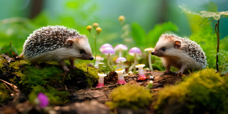 Little hedgehogs go for walks in the spring in search of food.の素材