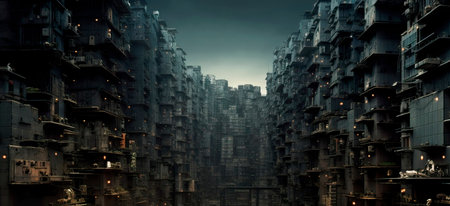 Densely populated urban area, where buildings resemble a jungle of concrete and steel.の素材
