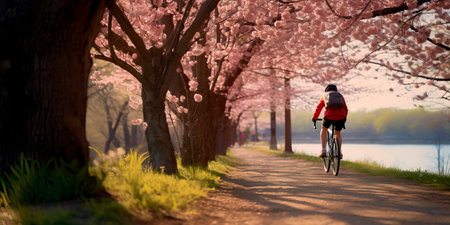 person cycling through a scenic spot on a spring morning or afternoonの素材