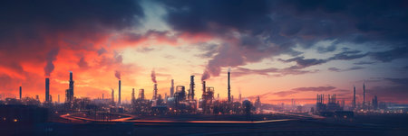 showcasing the silhouettes of industrial factory skylines against a dusky, industrialized cityscape.の素材