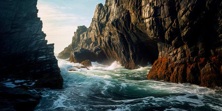 Coastal cliffs and shorelines, highlighting the intricate patterns created by waves and rockの素材