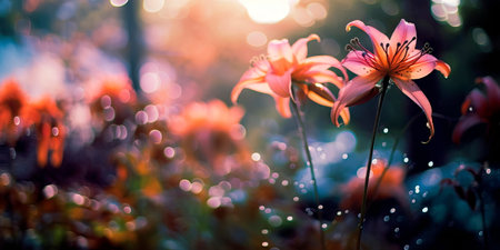 a botanical garden where plants have delightful flowers and the flying dust makes them magicalの素材