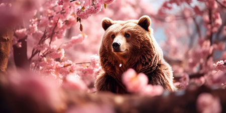 spring walk of bears among blossoming trees.の素材