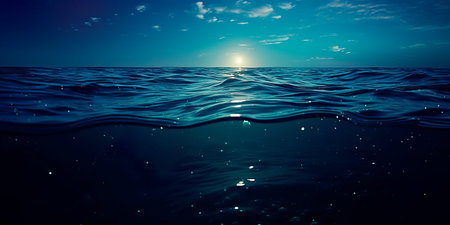 reflections of moonlight on the water's surface, creating a serene and mysterious atmosphere in a coastal setting.の素材