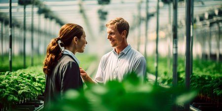 A worker and a scientist solve greenhouse problems, among lush plants in a huge greenhouse of an agricultural complex.の素材