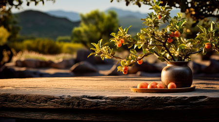 Table in farm with orange tree and grass, Sunlight at morningの素材