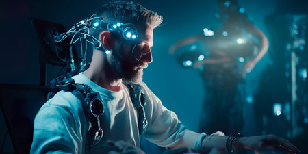 patients using virtual reality and exoskeletons during rehabilitation.の素材