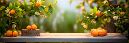 Table in farm with orange tree and grass, Sunlight at morningの素材