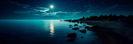 reflections of moonlight on the water's surface, creating a serene and mysterious atmosphere in a coastal setting.の素材