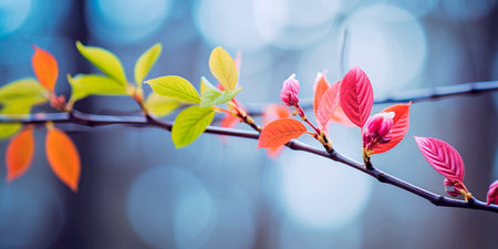 The arrival of spring, the blossoming of flowers, the first leaves on the trees and spring greenery.の素材