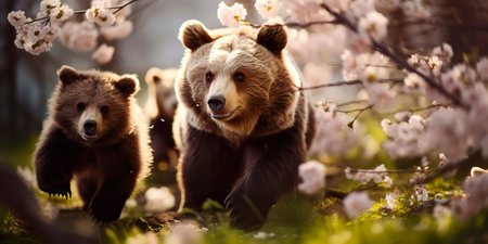 spring walk of bears among blossoming trees.の素材