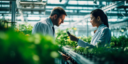 A worker and a scientist solve greenhouse problems, among lush plants in a huge greenhouse of an agricultural complex.の素材