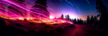 trails left by fireworks in the night sky, turning bursts of color into dynamic streaks.の素材