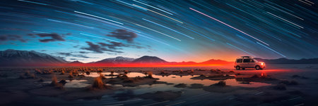 astrophotography with long exposure to capture star trails over a captivating landscapeの素材