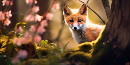 Background of a spring forest where a fox explores the world around him in search of prey.の素材