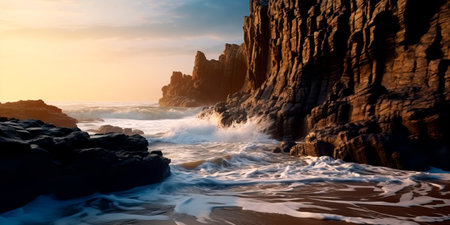 Coastal cliffs and shorelines, highlighting the intricate patterns created by waves and rockの素材