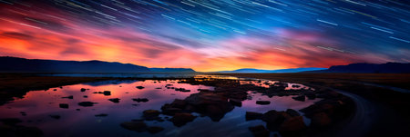 astrophotography with long exposure to capture star trails over a captivating landscapeの素材