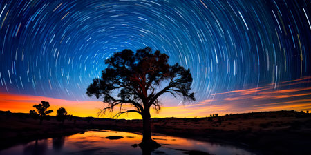 astrophotography with long exposure to capture star trails over a captivating landscapeの素材