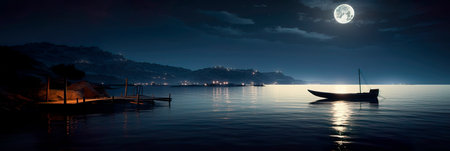 reflections of moonlight on the water's surface, creating a serene and mysterious atmosphere in a coastal setting.の素材