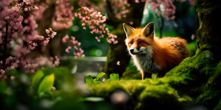 Background of a spring forest where a fox explores the world around him in search of prey.の素材