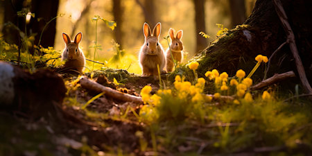beautiful spring forest where hares play and welcome spring.の素材
