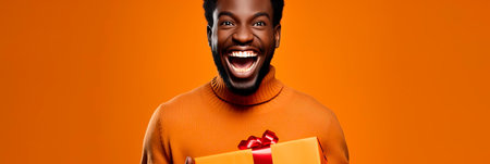 funny african guy, smiling, opening a gift bag, isolated backgroundの素材