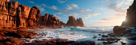 Coastal cliffs and shorelines, highlighting the intricate patterns created by waves and rockの素材