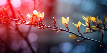 The arrival of spring, the blossoming of flowers, the first leaves on the trees and spring greenery.の素材