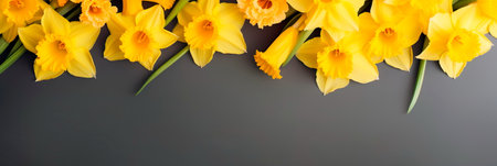 Greetings for Mother's Day with yellow daffodil flowers, Birthday, Women's Day with copy space for design. Top view, flat lay.の素材