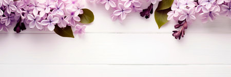 Table with lilac purple flower, white paper top view, flat lay, minimal style.の素材