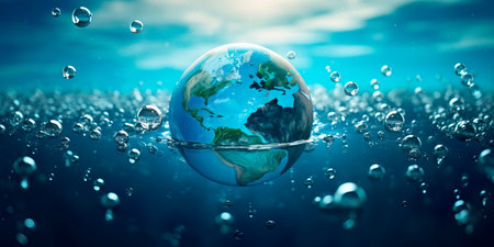 World Water Day the Earth as a blue planet surrounded by diverse cultures coming together for water conservationの素材