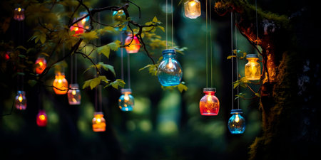 A forest where trees have roots from light tides, and lanterns hang among the branches.の素材