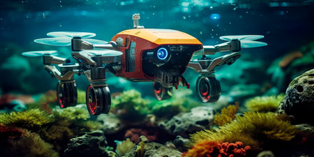 concept for a fleet of drones designed to clean up ocean pollution, utilizing advanced technologies to identify and collect debris.の素材