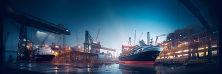 shipyard in the process of constructing large vessels, with cranes, scaffolding, and welding sparks.の素材