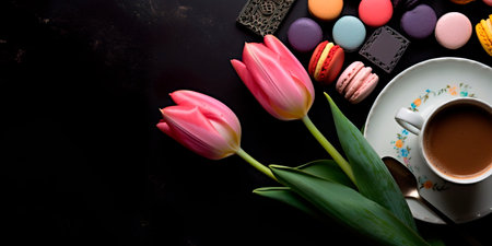 Women's card with tulips, tea and sweets on the background of a black stone board.の素材