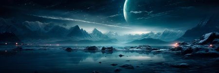 landscapes under moonlight with a long exposure, highlighting the natural beauty and creating a soft, surreal atmosphere.の素材