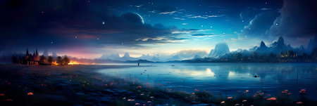 landscapes under moonlight with a long exposure, highlighting the natural beauty and creating a soft, surreal atmosphere.の素材