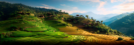 scene of terraced hillside agriculture, with crops cultivated in steps on a picturesque landscape.の素材