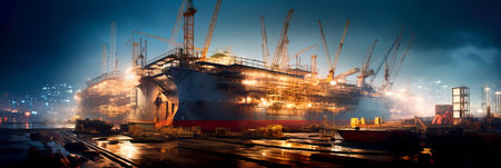 shipyard in the process of constructing large vessels, with cranes, scaffolding, and welding sparks.の素材
