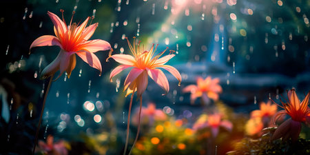 a botanical garden where plants have delightful flowers and the flying dust makes them magicalの素材