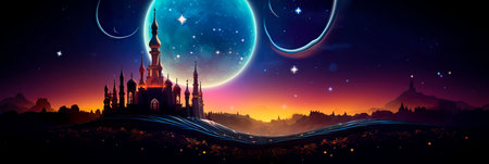 vibrant a crescent moon and twinkling stars to symbolize the beginning of Ramadan.の素材