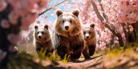spring walk of bears among blossoming trees.の素材