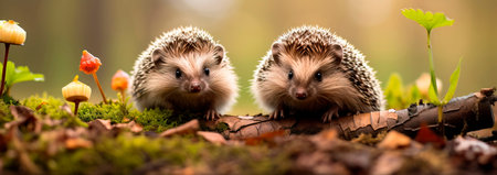 Little hedgehogs go for walks in the spring in search of food.の素材