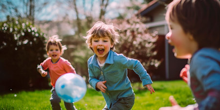 Children play spring games and have fun in the house yard.の素材