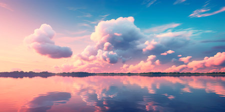 reflection of a serene sky in a lake, with the water taking on the calming hues of peach fuzz color. Generative AIの素材