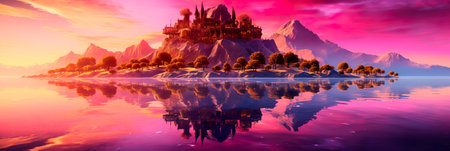 landscape where a series of floating islands are bathed in the surreal glow of a crimson-colored sky. Generative AIの素材
