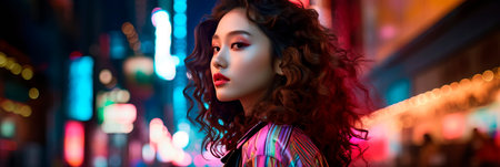 Glamor of a city night with a young Asian woman featuring voluminous curls and a makeup style that shines under city lights.Generative AIの素材